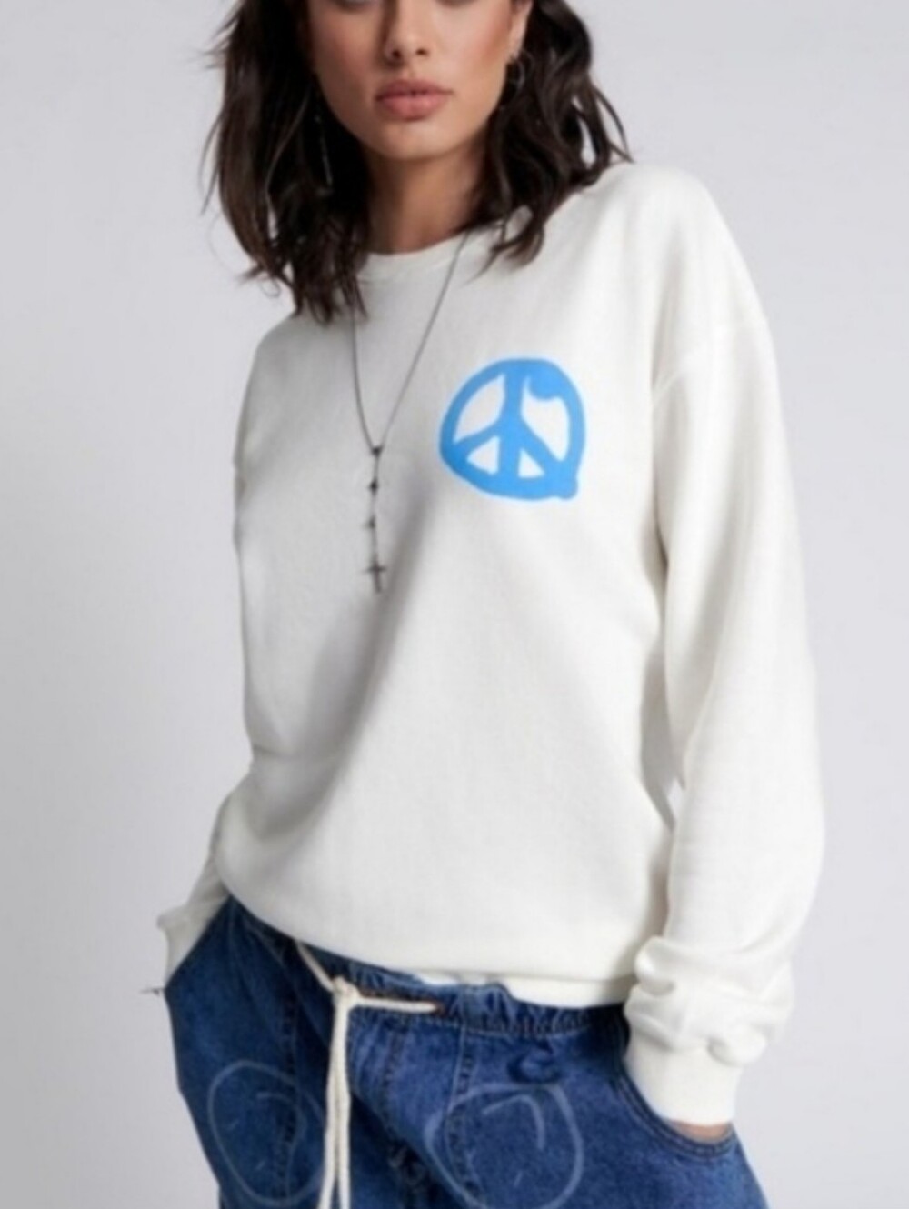 One Teaspoon Cream Crewneck Sweater with Blue Peace Emblem